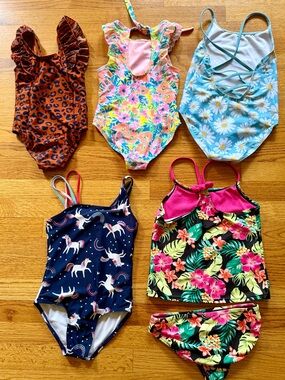 Lot of 5 (Five) Girls Swim Suits Bathing Suits Bundle from 4T to 7/8 - Excellent
